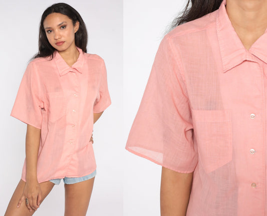 80s Pink Semi-Sheer Button-Up Blouse Short Sleeve Cotton Blend Extra Large