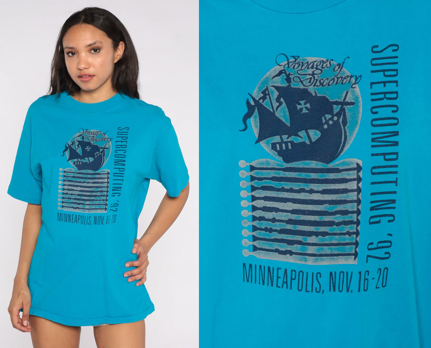 90s Minneapolis Supercomputing 1992 Voyages of Discovery Graphic Tee Blue Medium