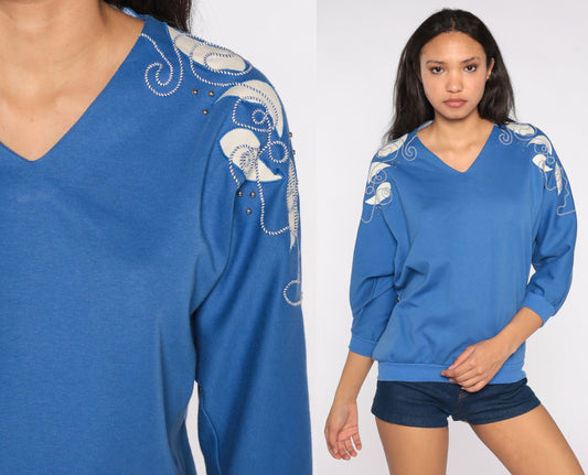 80s Blue Dolman Top V Neck Studded Shoulder Abstract Print Medium