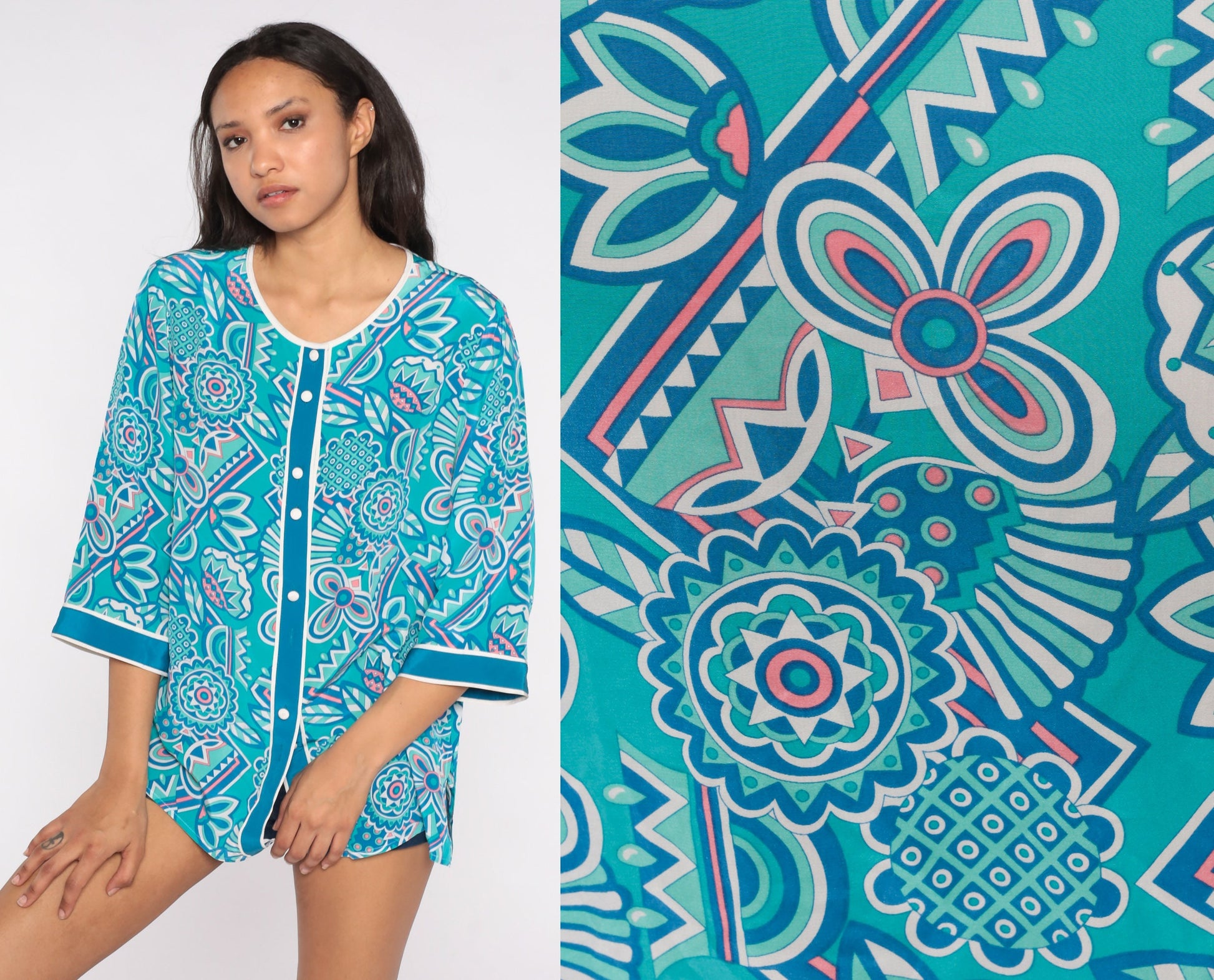 Bob Mackie Silk Floral Blouse 90s Blue Flower Print Button Up 3/4 Sleeve Medium M