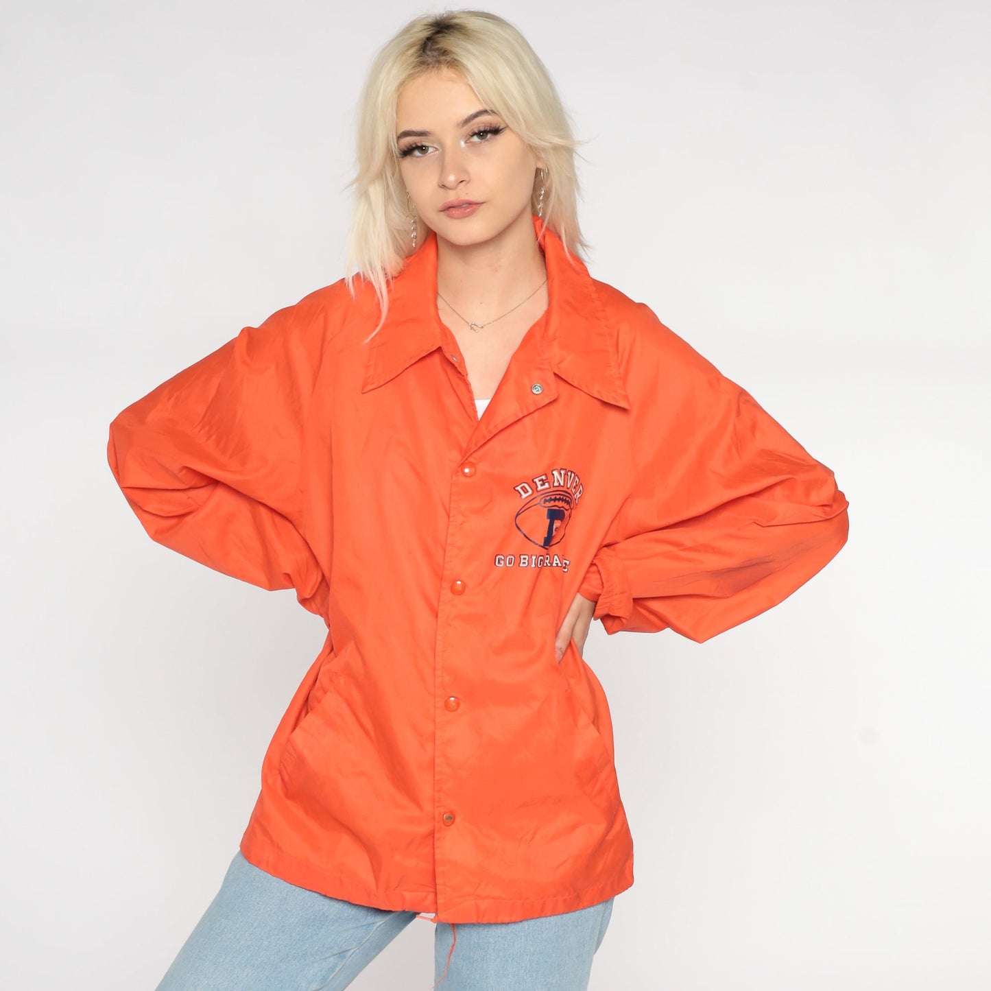 70s Denver Broncos Nylon Windbreaker Snap Jacket Orange Large