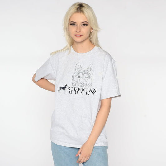 90s Siberian Husky Graphic T-Shirt Embroidered Dog Tee Medium