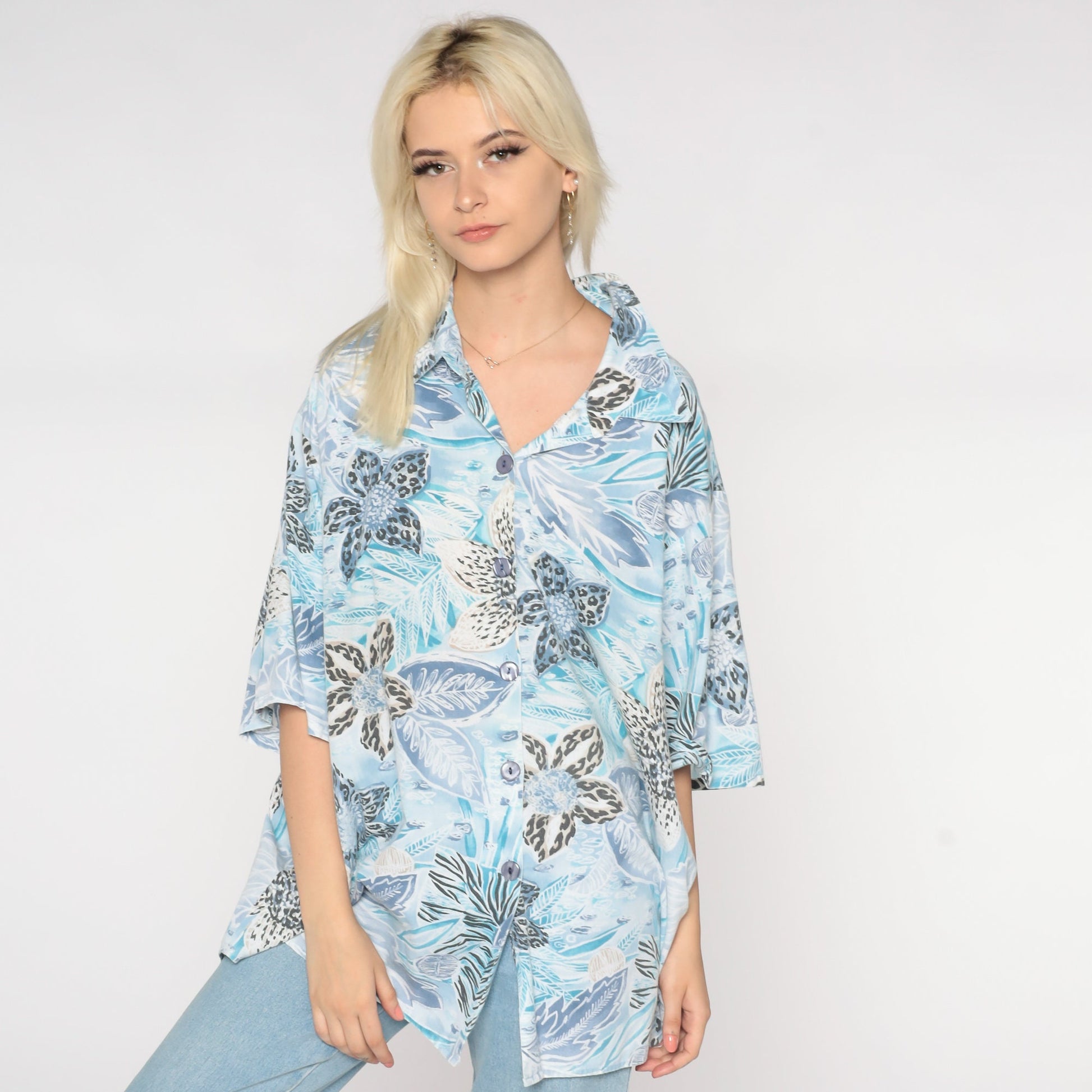 90s Blue Tropical Floral Hawaiian Button-Up Shirt Plus Size XXL