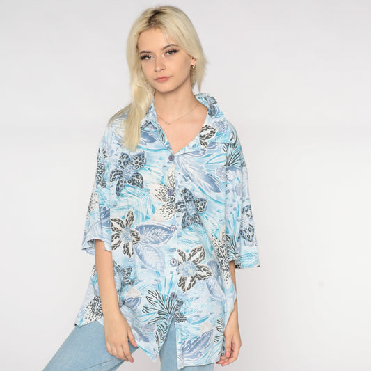 90s Blue Tropical Floral Hawaiian Button-Up Shirt Plus Size XXL