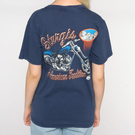 Y2K Sturgis Motorcycle Rally Graphic Tee Blue Cotton Small