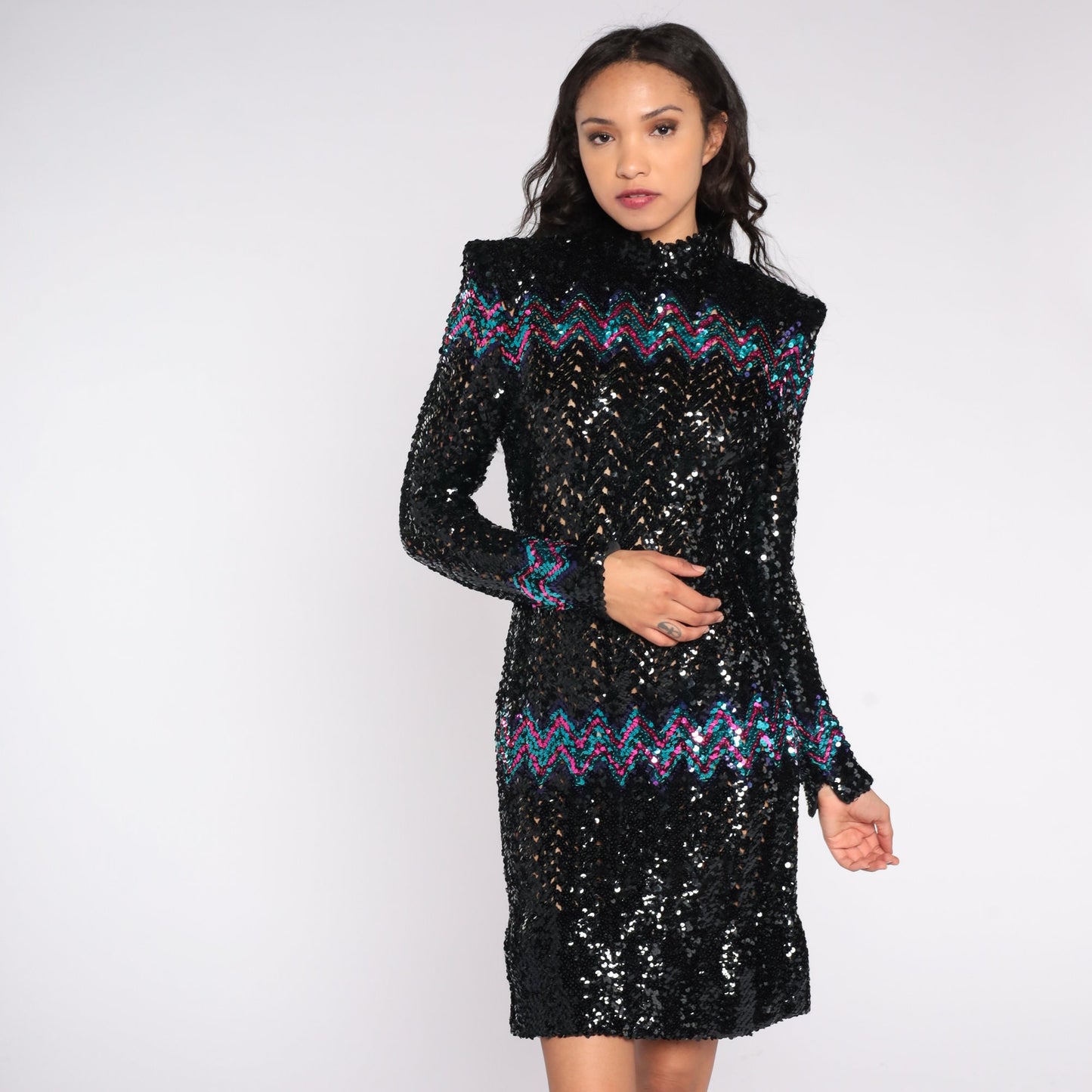 80s Black Sequin Dress Power Shoulders Knee-Length Long Sleeve Small
