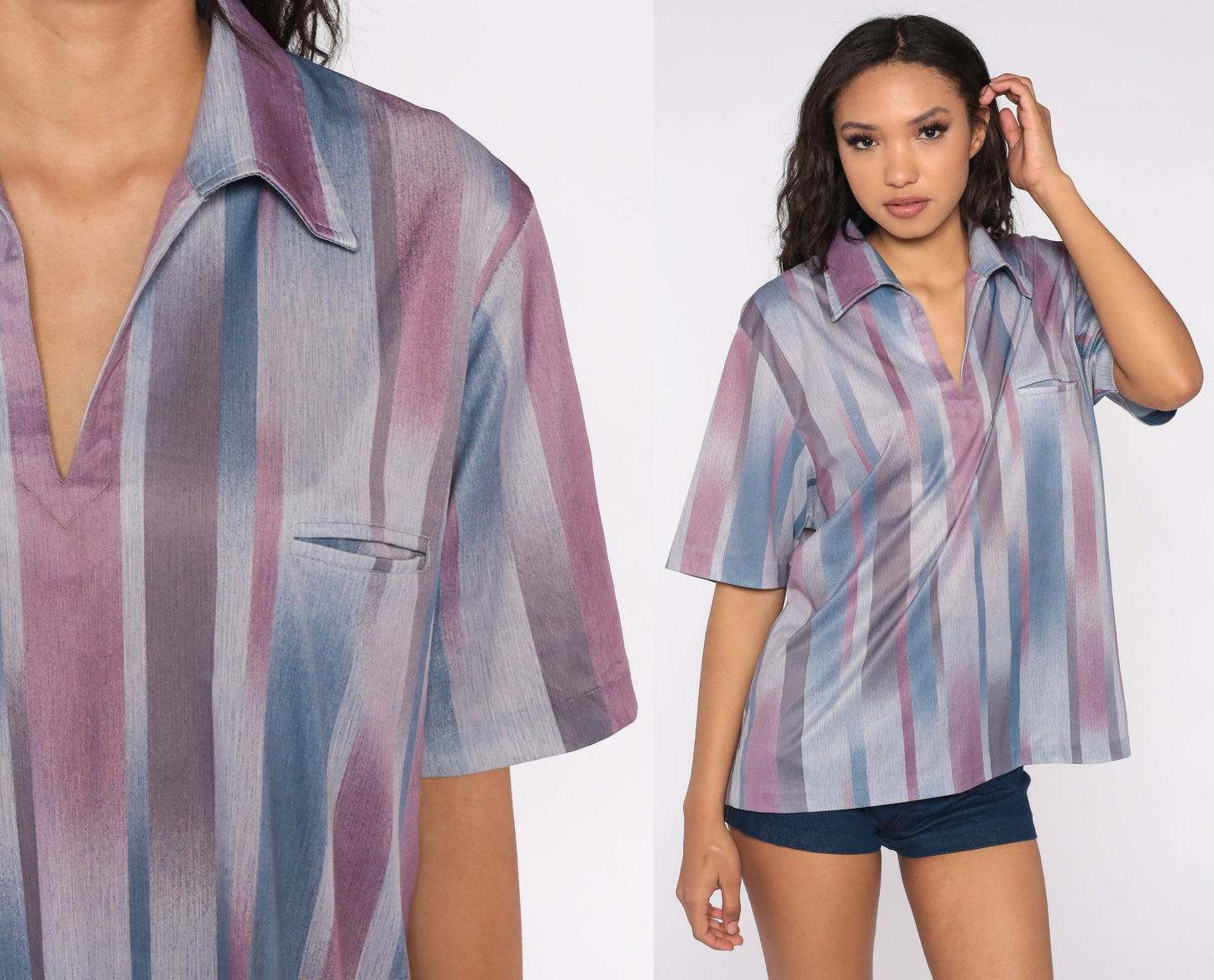 70s Striped V-Neck Blouse Purple Blue Short Sleeve Small