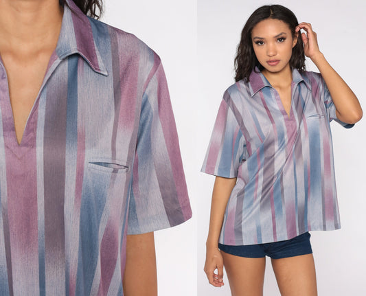 70s Striped V-Neck Blouse Purple Blue Short Sleeve Small