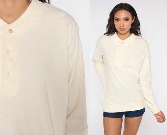80s Cream Henley Quilted Terry Sweatshirt Long Sleeve Pullover Medium