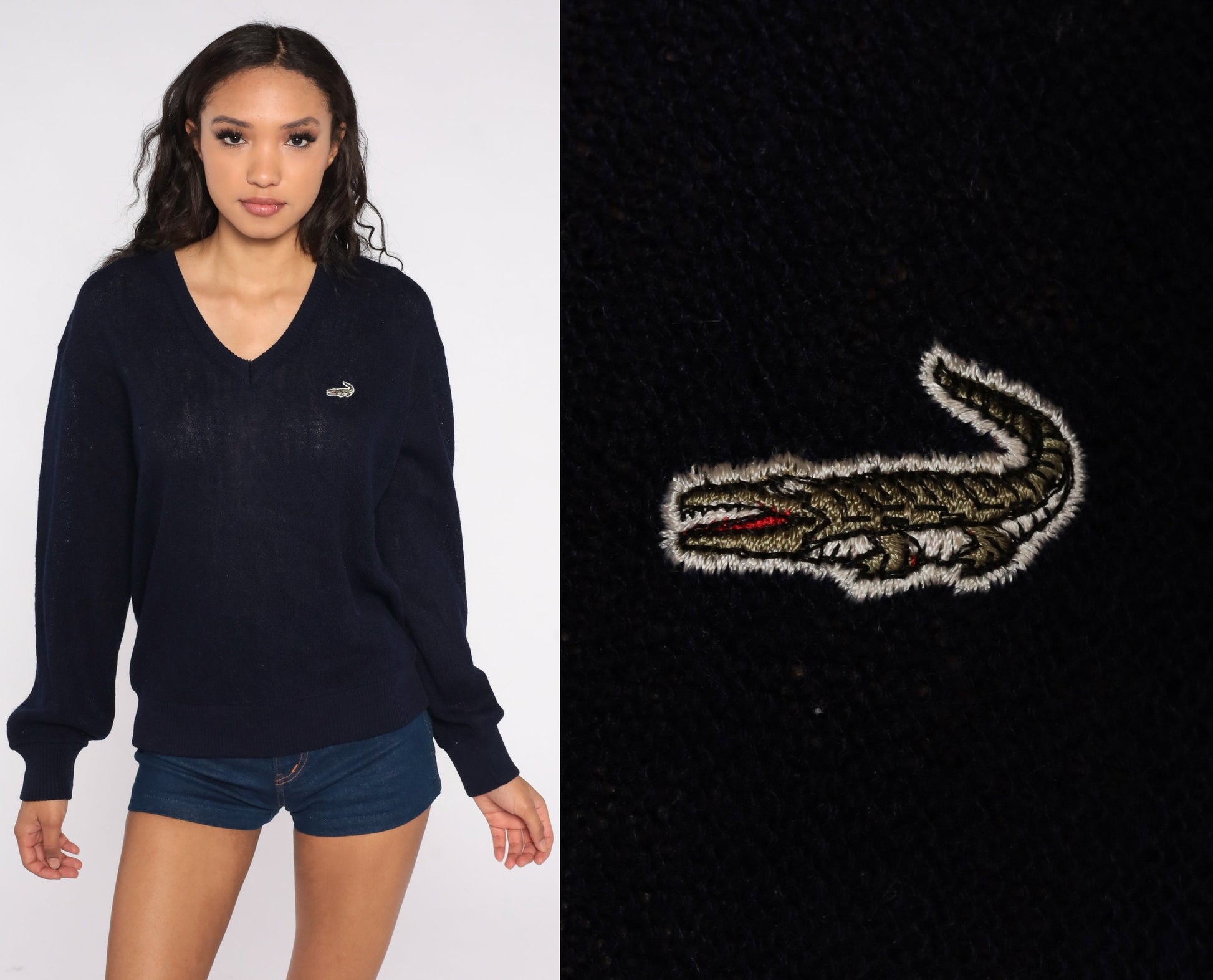 80s Navy Crocodile V-Neck Knit Sweater Slouchy Large L