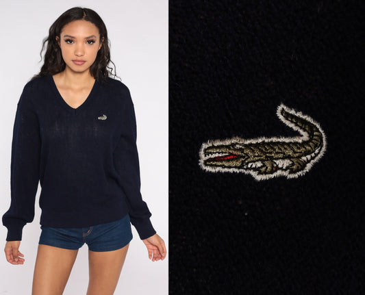 80s Navy Crocodile V-Neck Knit Sweater Slouchy Large L