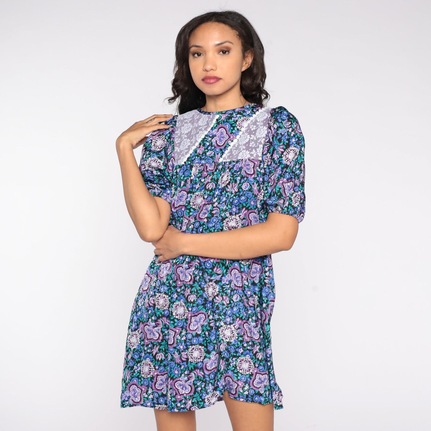 80s Blue Floral Babydoll Mini Dress Lace Bib Balloon Sleeve Small