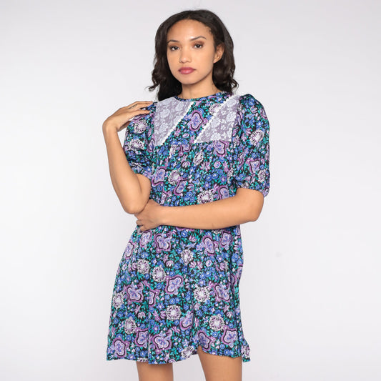 80s Blue Floral Babydoll Mini Dress Lace Bib Balloon Sleeve Small