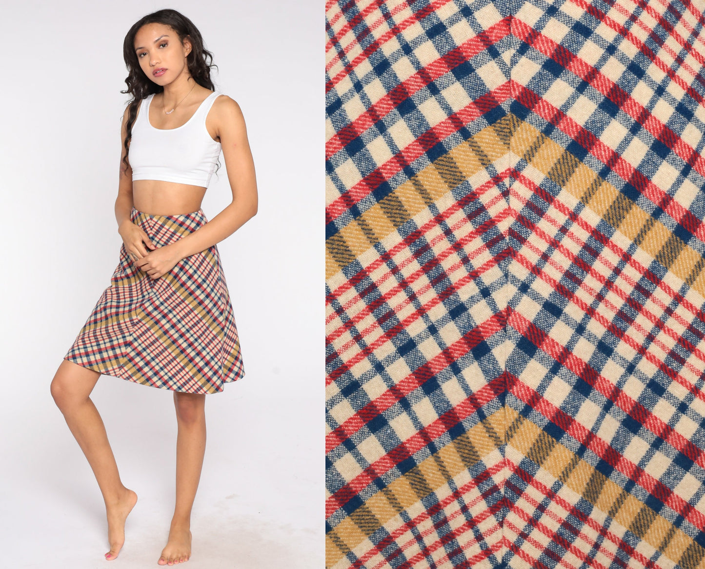 60s Madras Plaid Wool Skirt High Waist Flared Preppy Extra Small XS