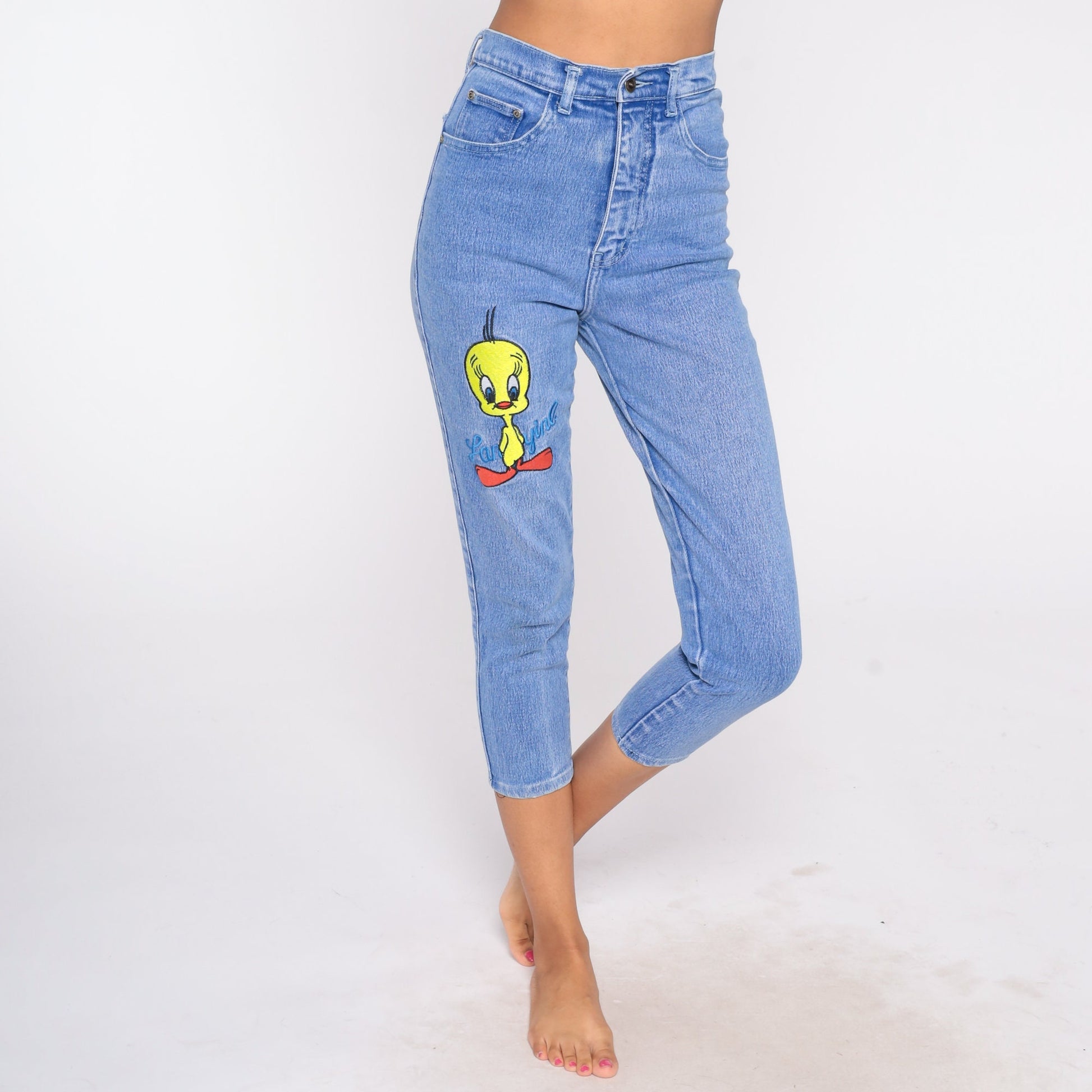 90s Tweety Bird Warner Bros Embroidered High Waisted Tapered Denim Jeans Extra Small XS