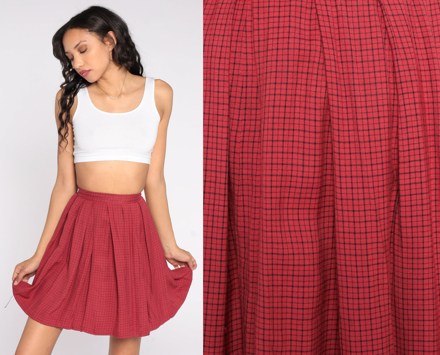 60s Red Checkered Pleated Mini Skirt High Waisted XXS