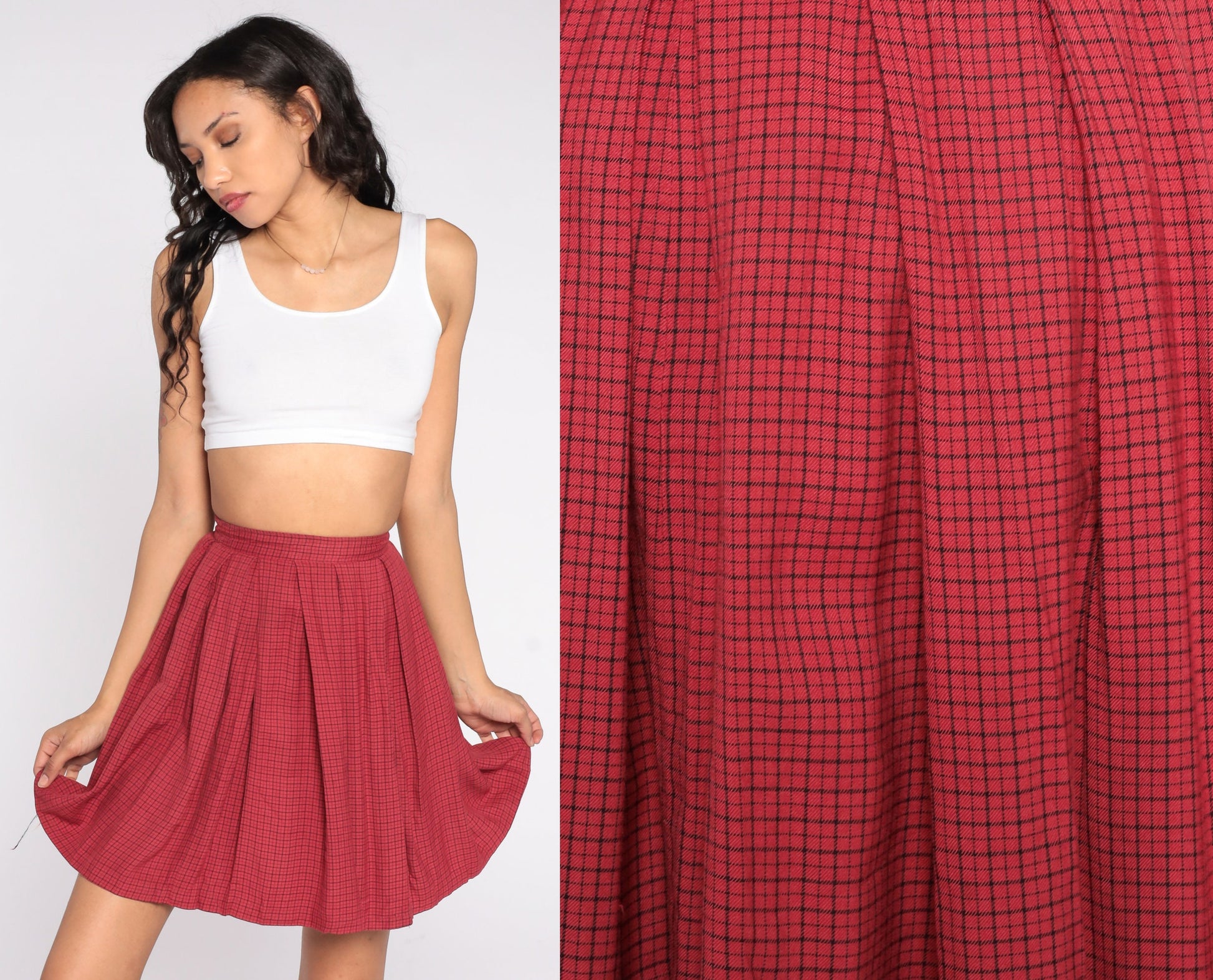60s Red Checkered Pleated Mini Skirt High Waisted XXS