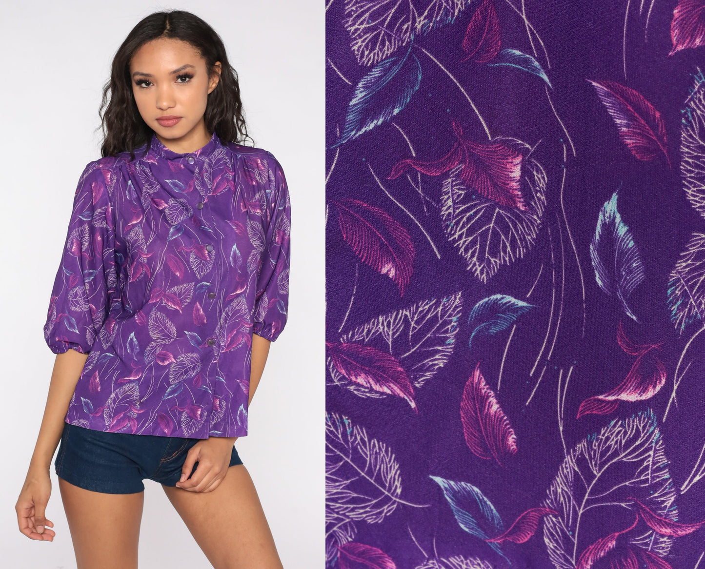 70s Purple Leaf Print Button-Up Blouse Mandarin Collar 3/4 Sleeve Small
