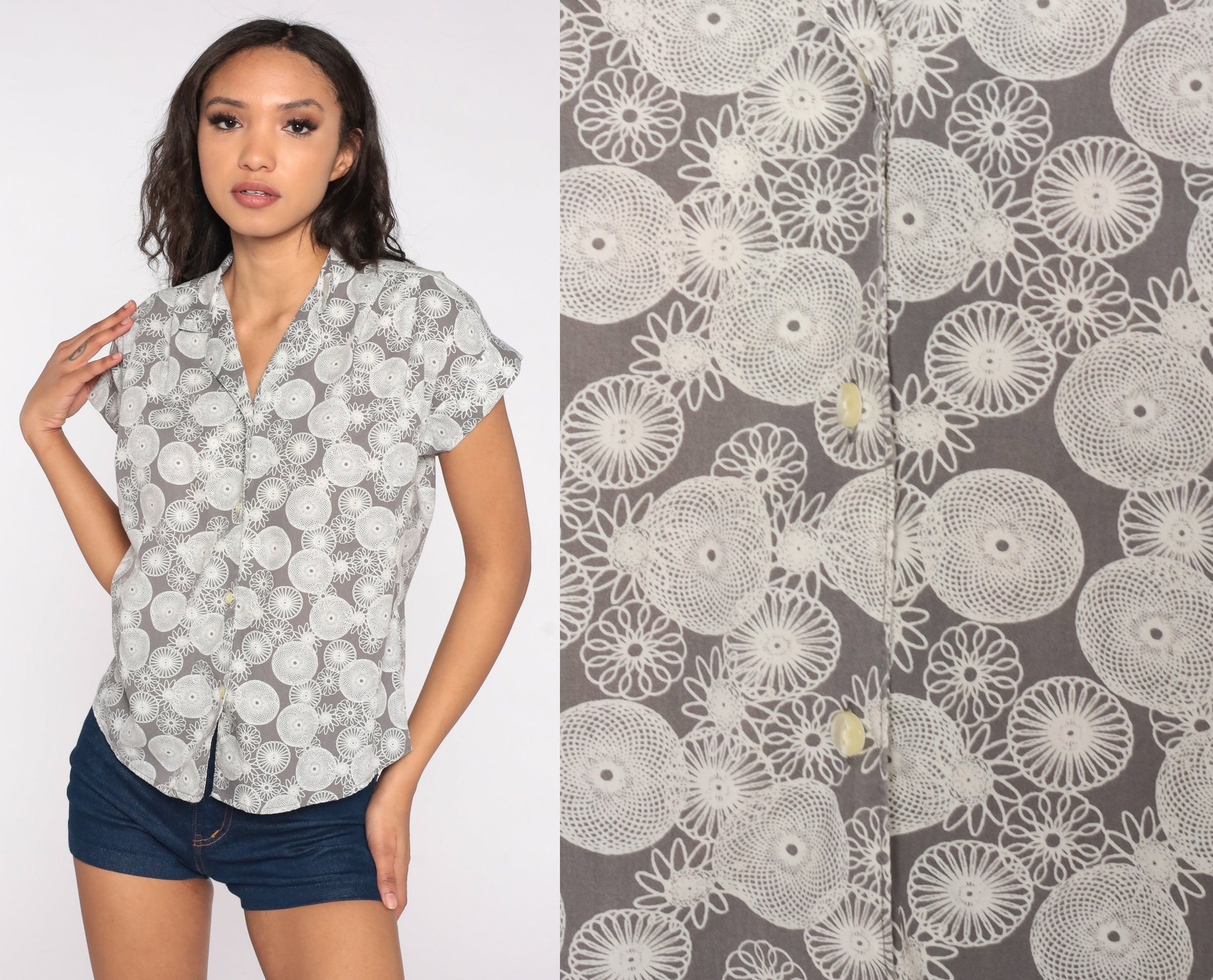 90s Spirograph Abstract Print Button Up Shirt Grey White Medium