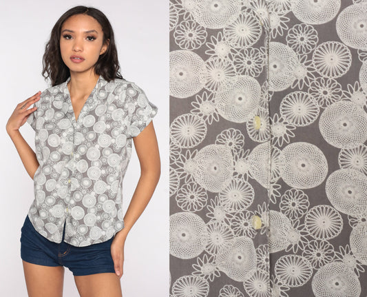 90s Spirograph Abstract Print Button Up Shirt Grey White Medium