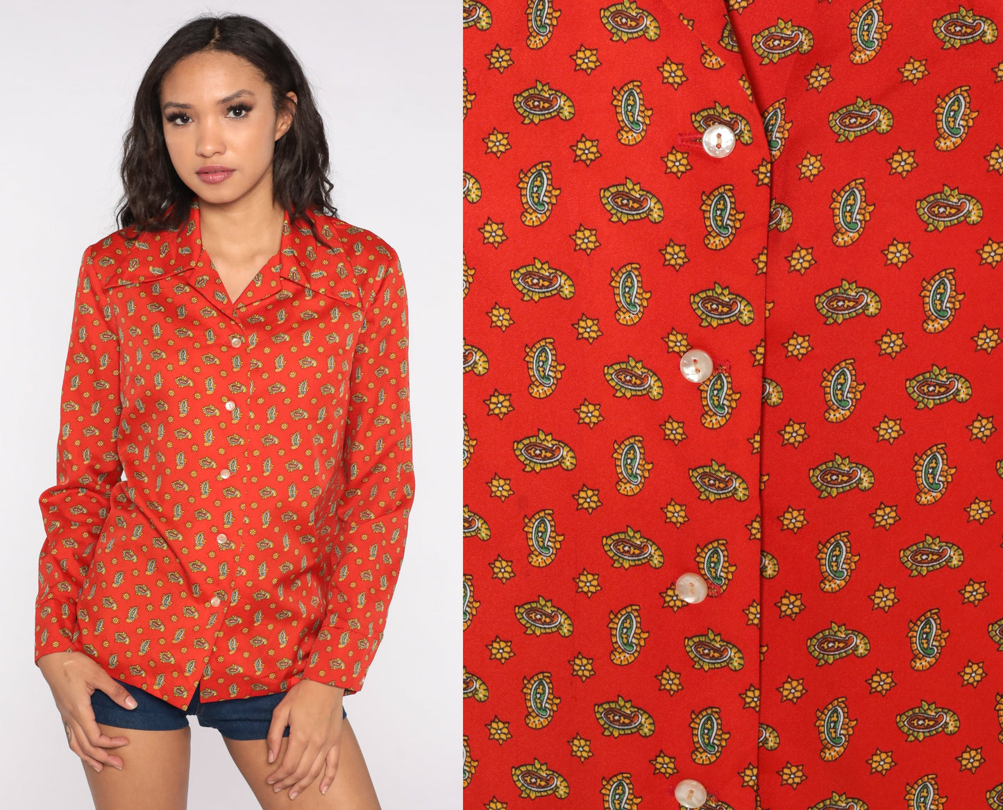 70s Paisley Print Dagger Collar Blouse Red-Orange Long Sleeve Medium