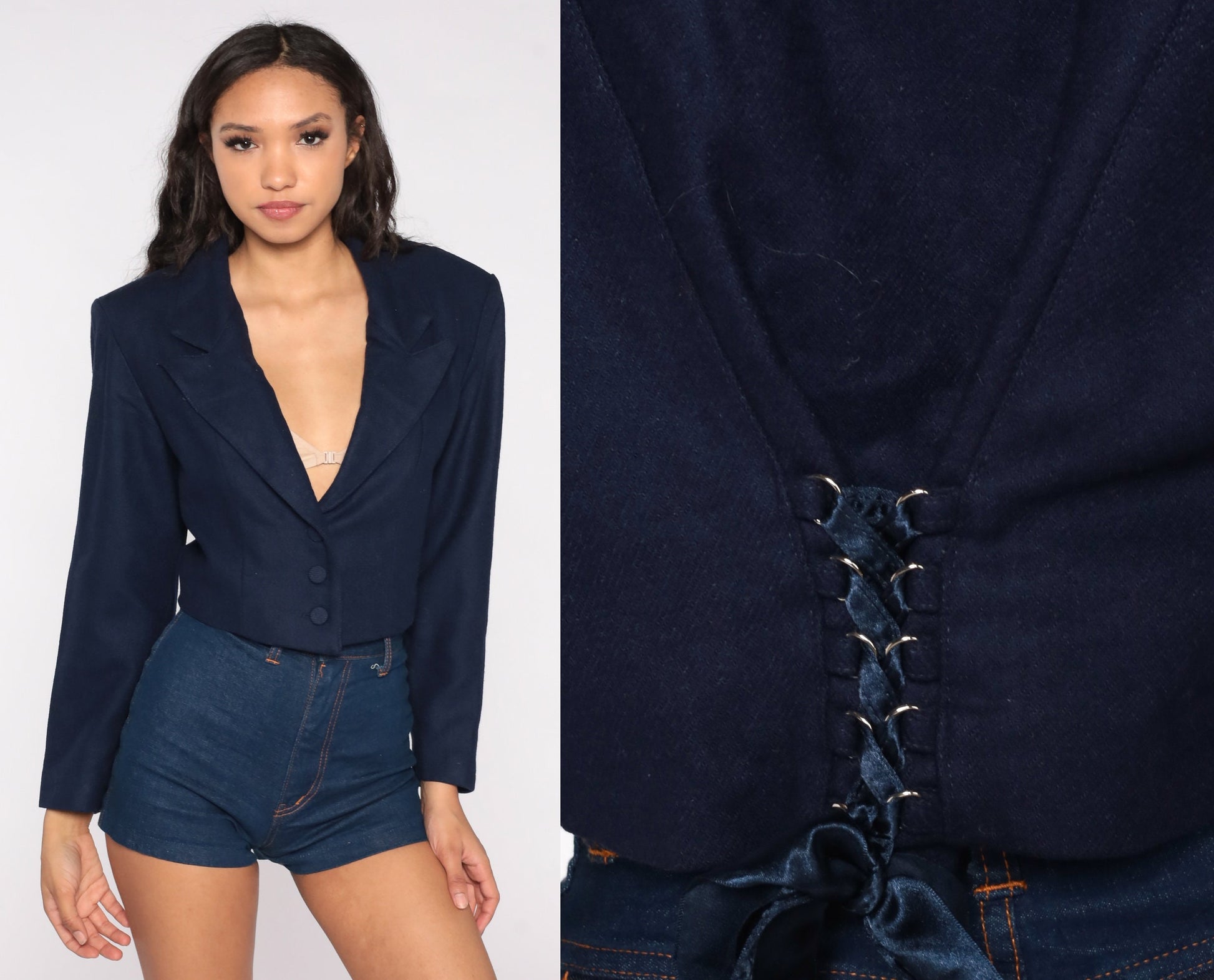 00s Navy Wool Blend Cropped Blazer Button-Up Tailored Jacket Medium M