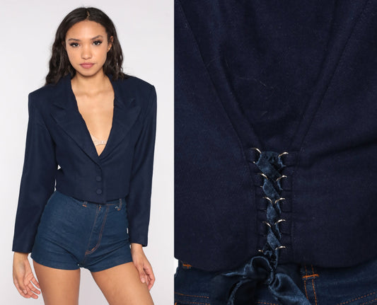 00s Navy Wool Blend Cropped Blazer Button-Up Tailored Jacket Medium M