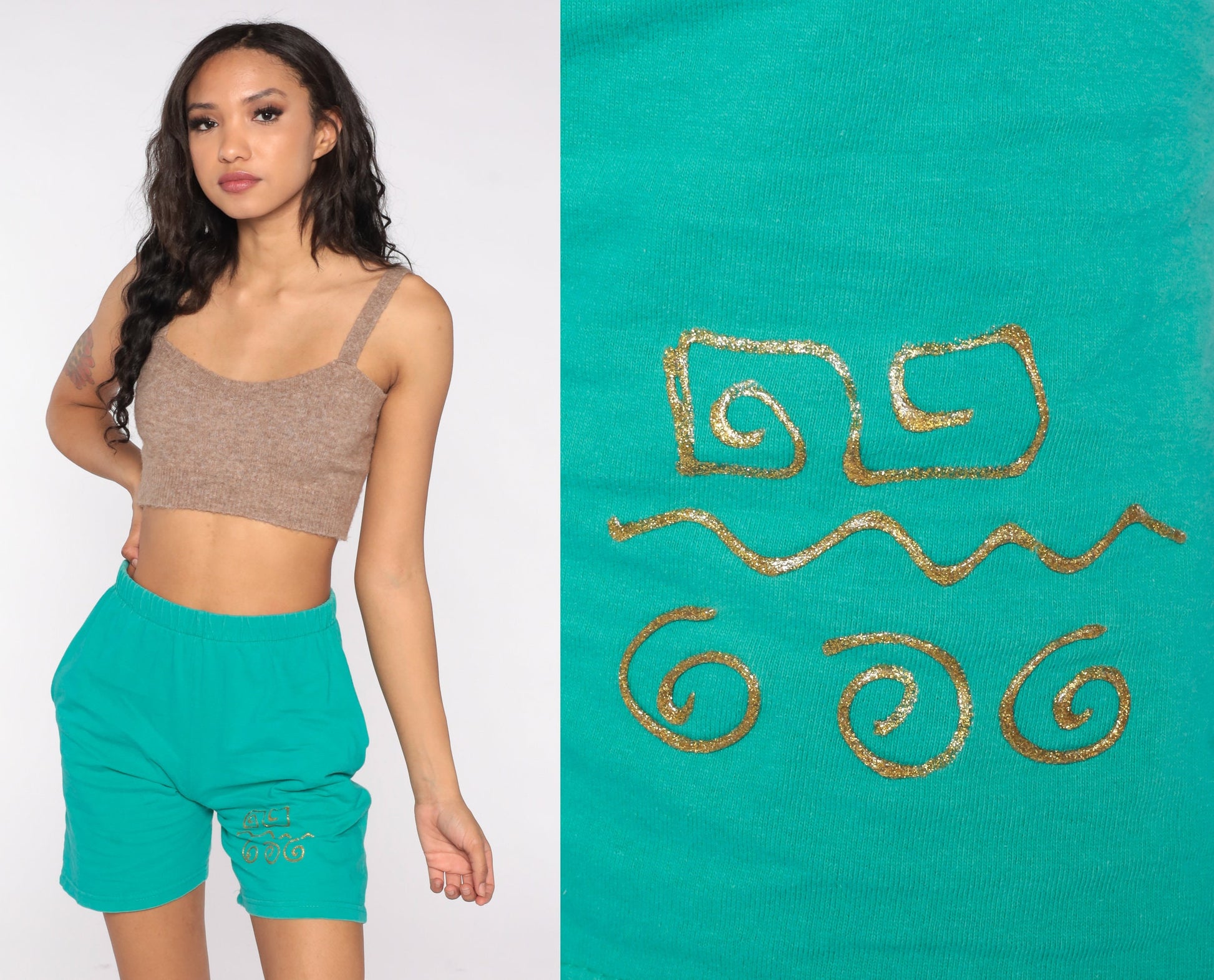 90s Green Gold Painted Elastic Waist Shorts High Rise Small S