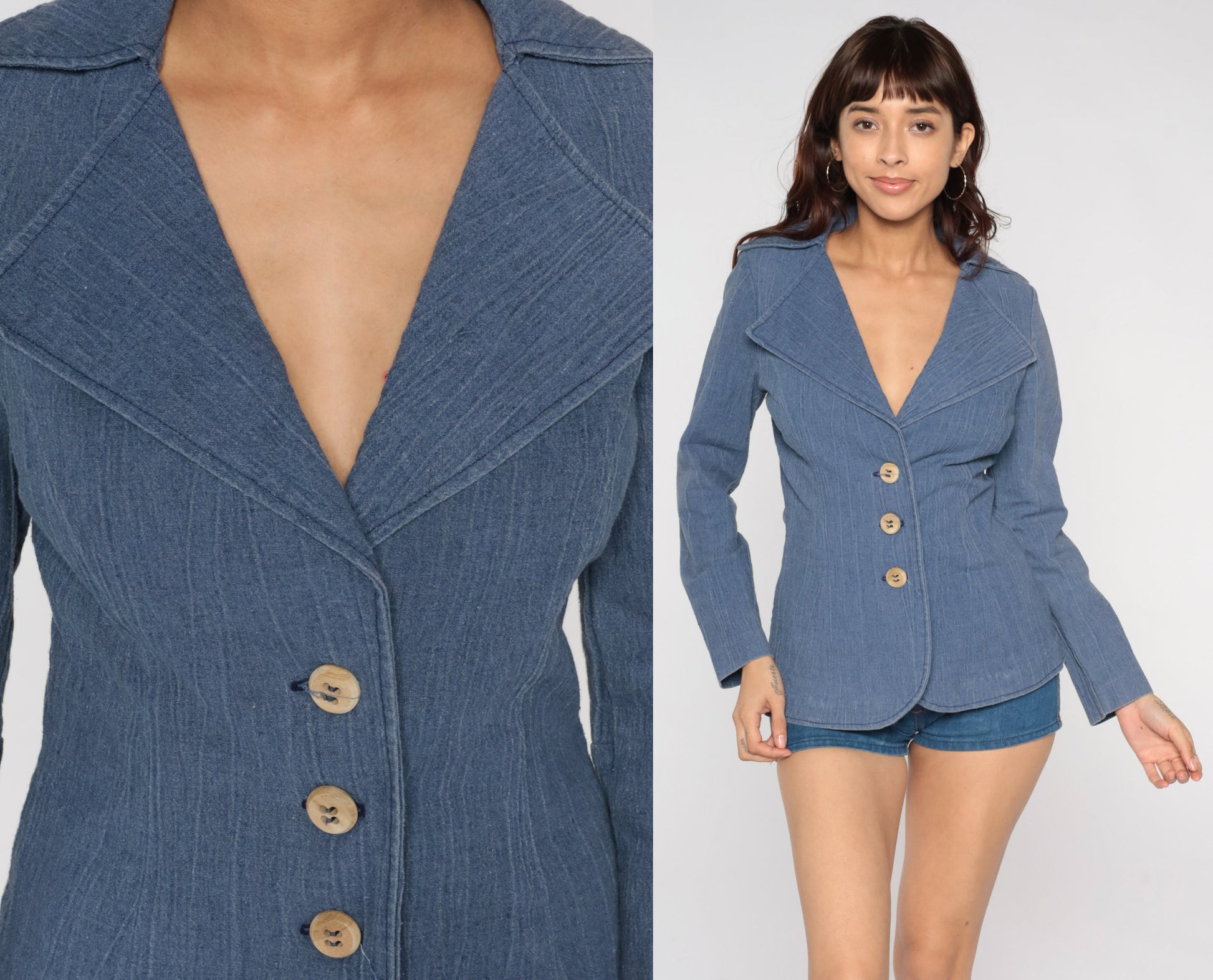 70s Blue Blazer Jacket Notched Collar Button-Up Medium M