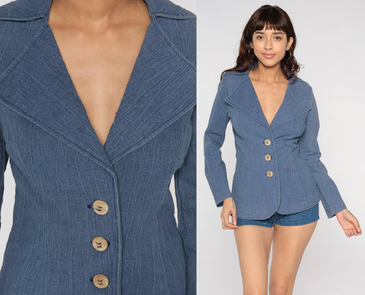 70s Blue Blazer Jacket Notched Collar Button-Up Medium M