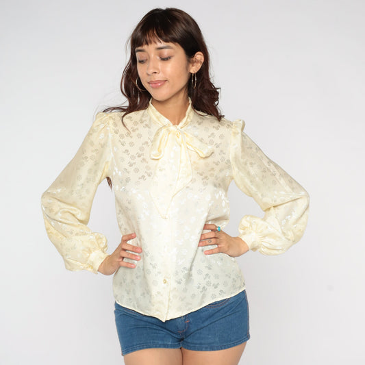 80s Cream Embossed Floral Blouse Ascot Bow Balloon Sleeve Button Up Small