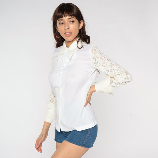 70s White Lace Blouse Floral Cutout Dagger Collar Button-Up Small