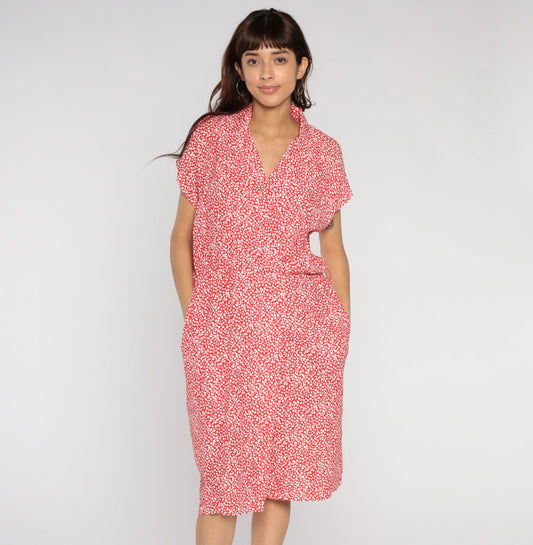 80s All That Jazz Midi Wrap Dress Red Pebble Print Pockets V-Neck Large 14