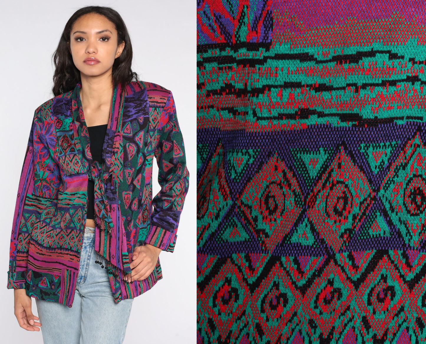 90s Woven Blazer Jacket Abstract Tapestry Tie Front Beaded Large L