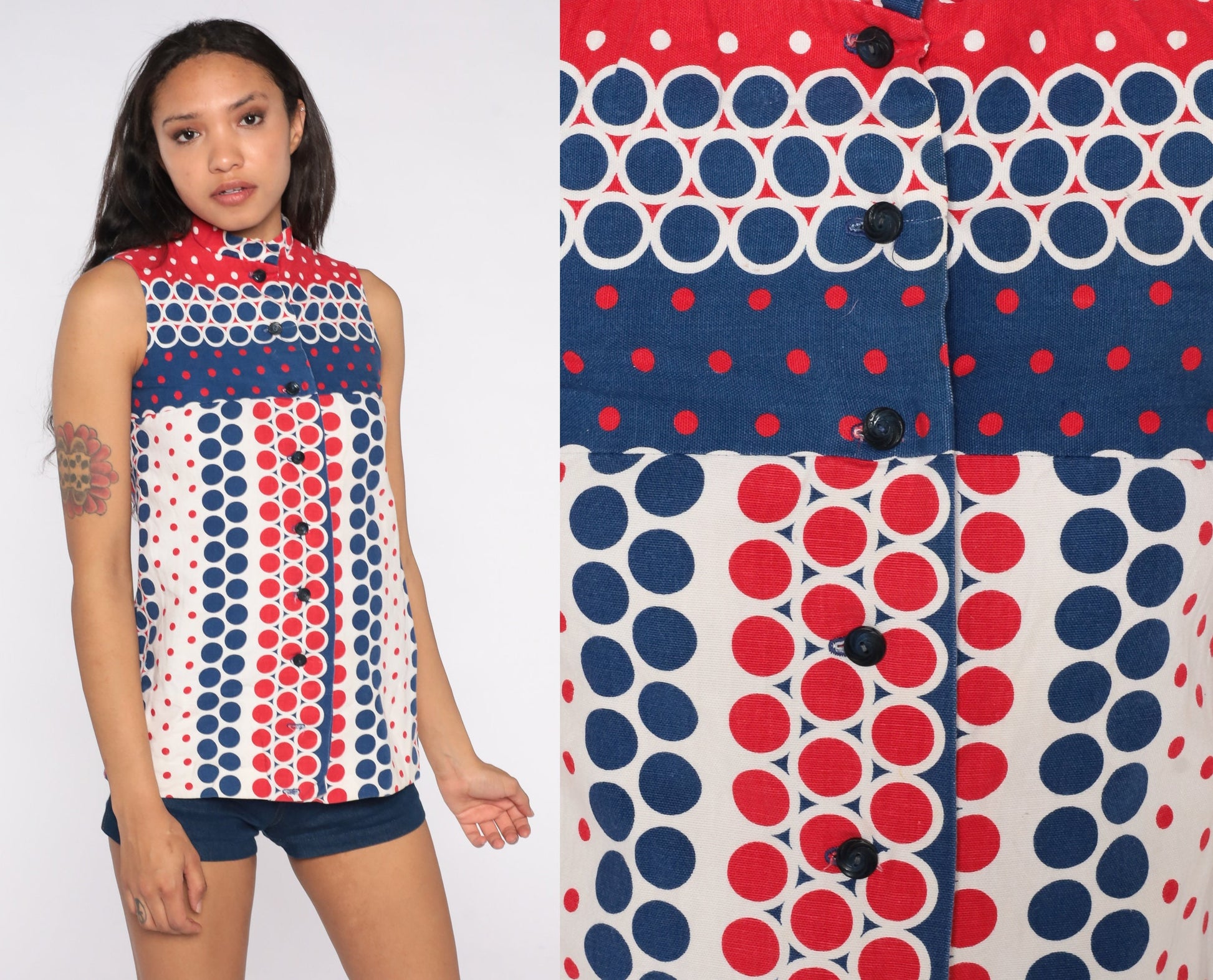 60s Mod Tank Top Polka Dot High Neck Button Front Red White Blue Extra Small XS