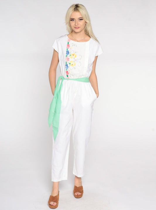 80s White Floral Embroidered Jumpsuit High Waist Tapered Leg Cap Sleeve Medium