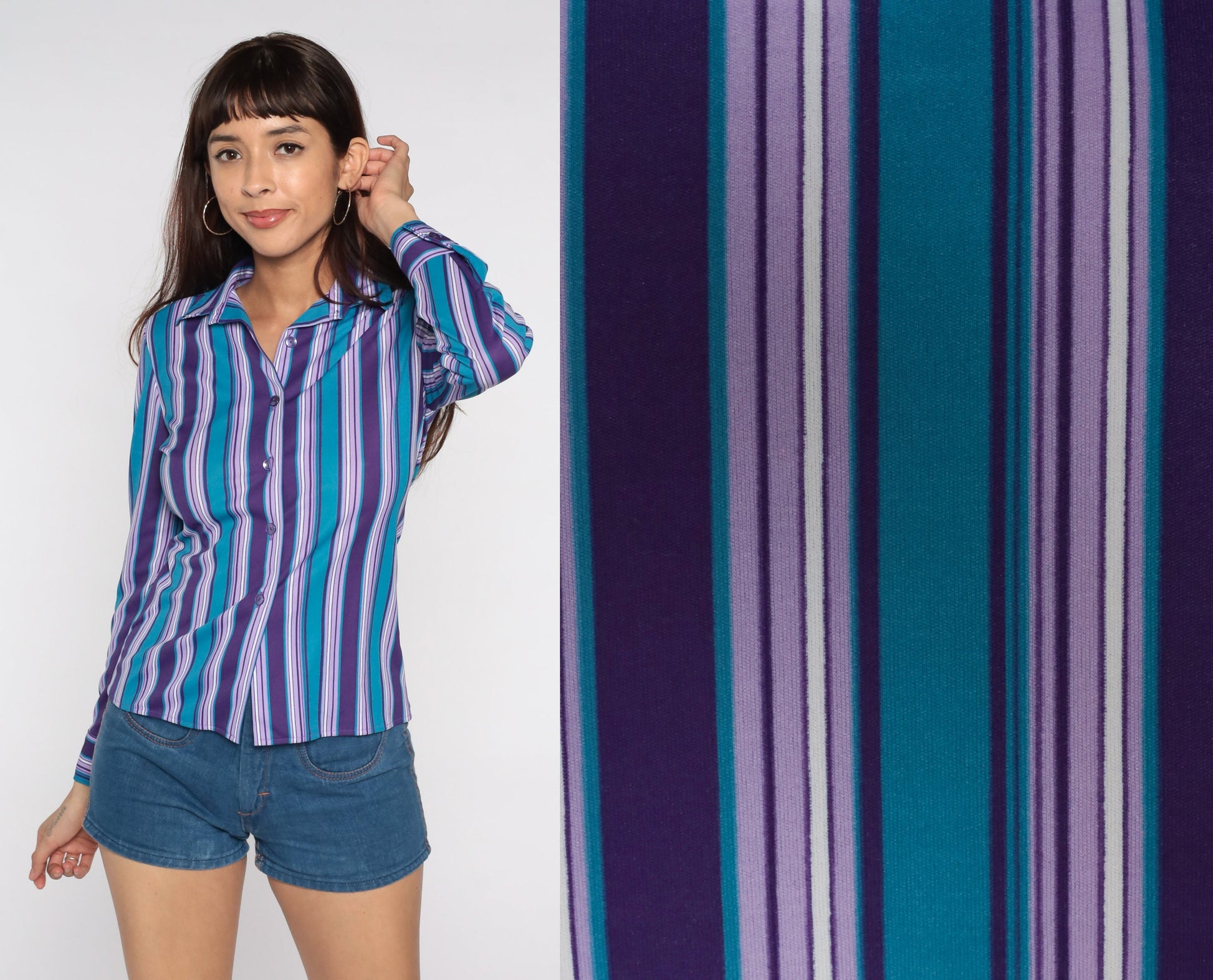 80s Striped Button-Up Blouse Purple Blue Long Sleeve Collared Shirt Small