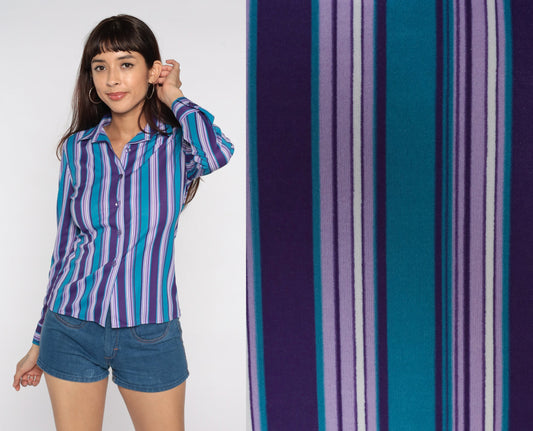 80s Striped Button-Up Blouse Purple Blue Long Sleeve Collared Shirt Small