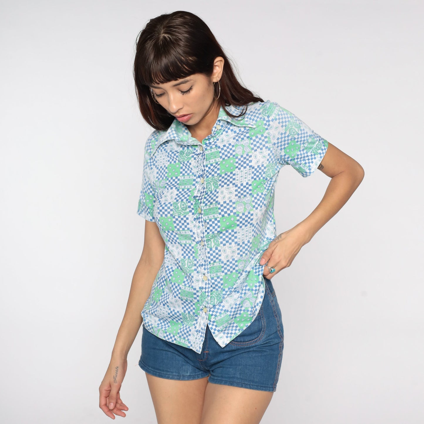 70s Checkered Paisley Floral Button Up Shirt Dagger Collar Blue Small