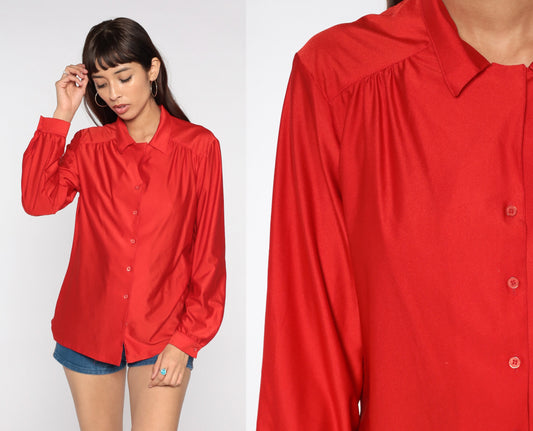 80s Red Shiny Button-Up Blouse Long Sleeve Collared Shirt Medium Large