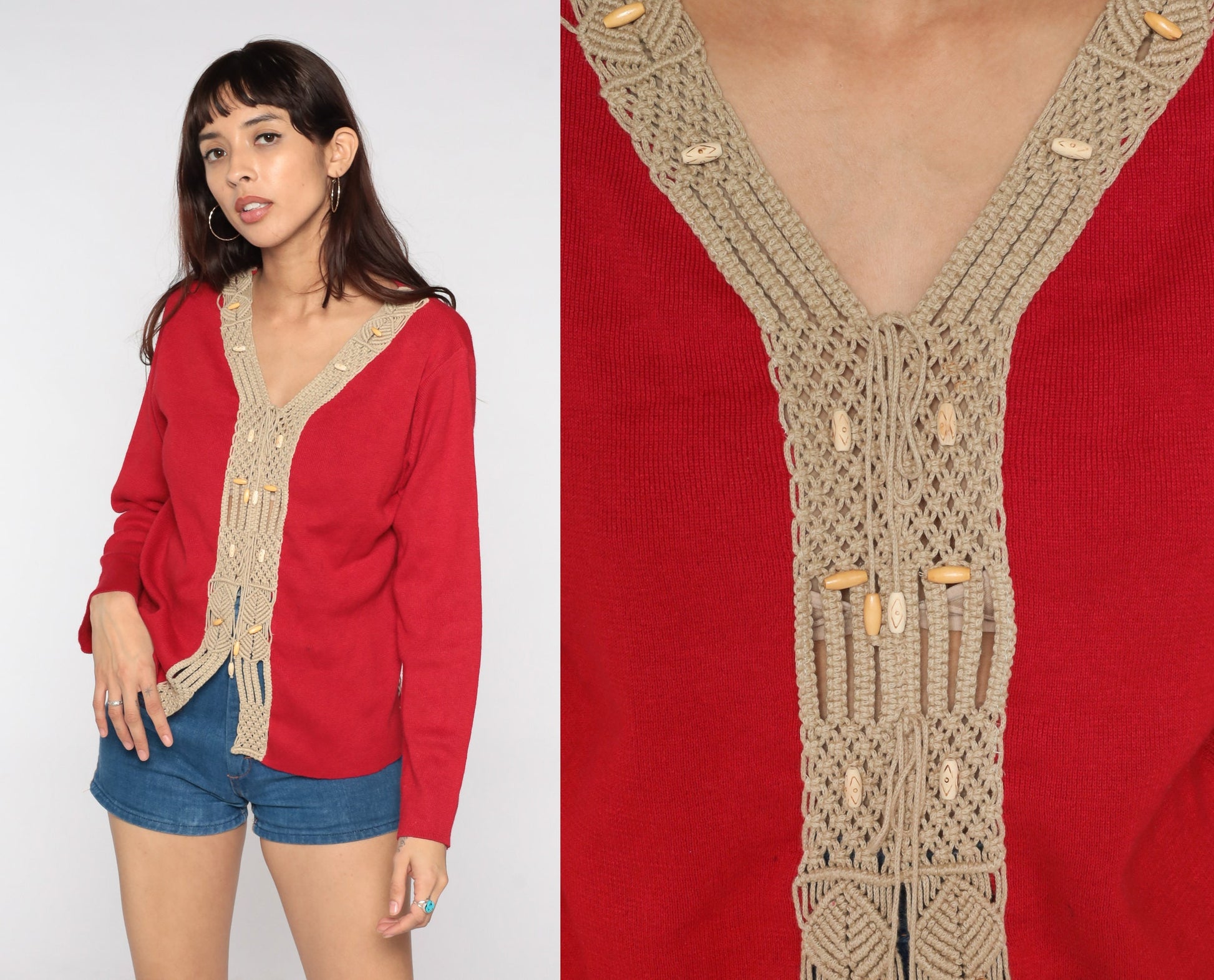 80s Red V-Neck Sweater with Macrame Trim Knit Pullover Large L