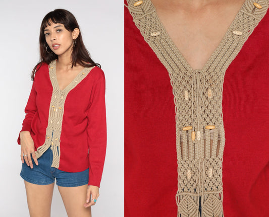 80s Red V-Neck Sweater with Macrame Trim Knit Pullover Large L