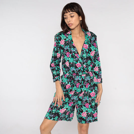 80s Floral Wrap Dress Black Pink Green Purple Mini High Waisted Small