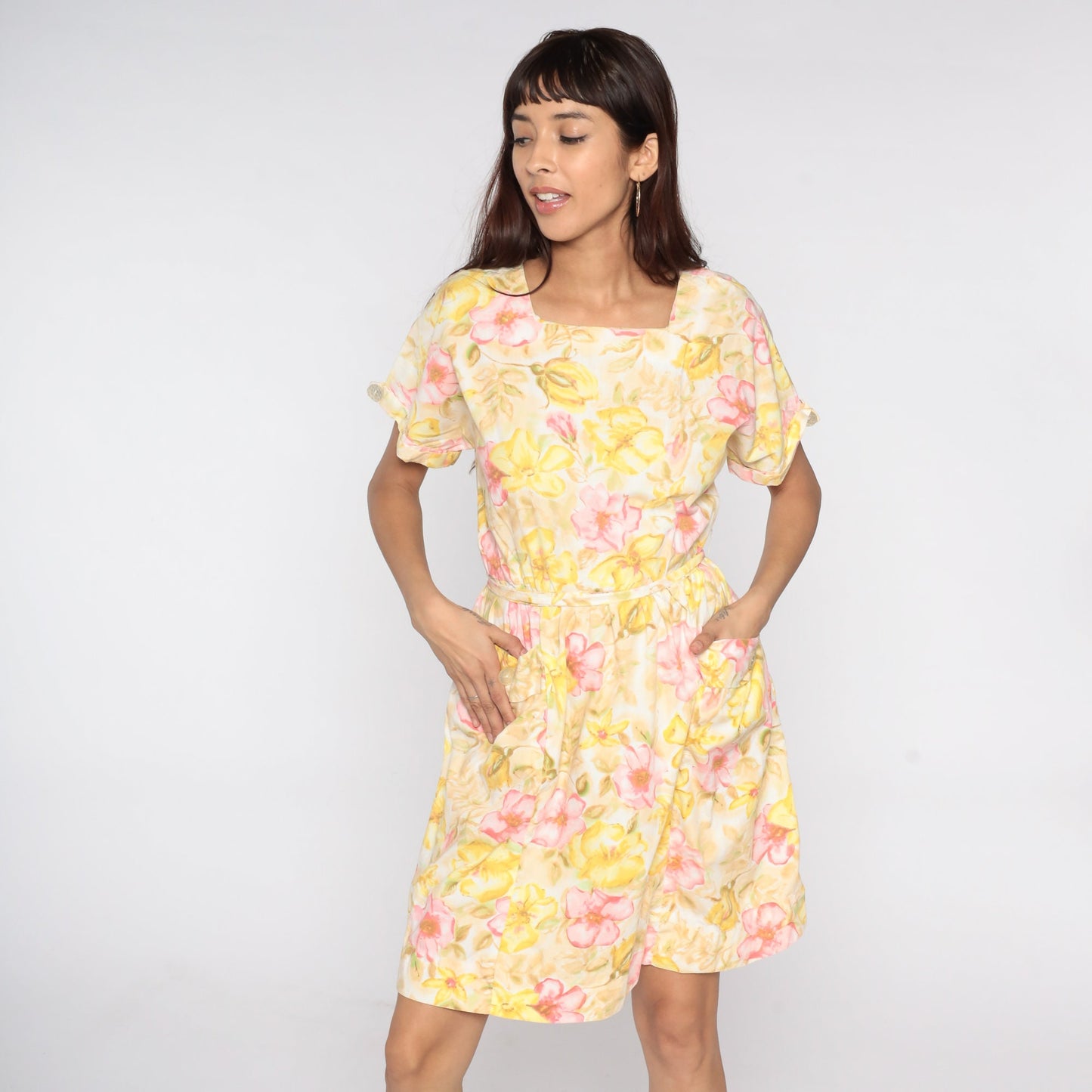 60s Floral Mini Dress Yellow Flower Print High Waist Pleated Medium