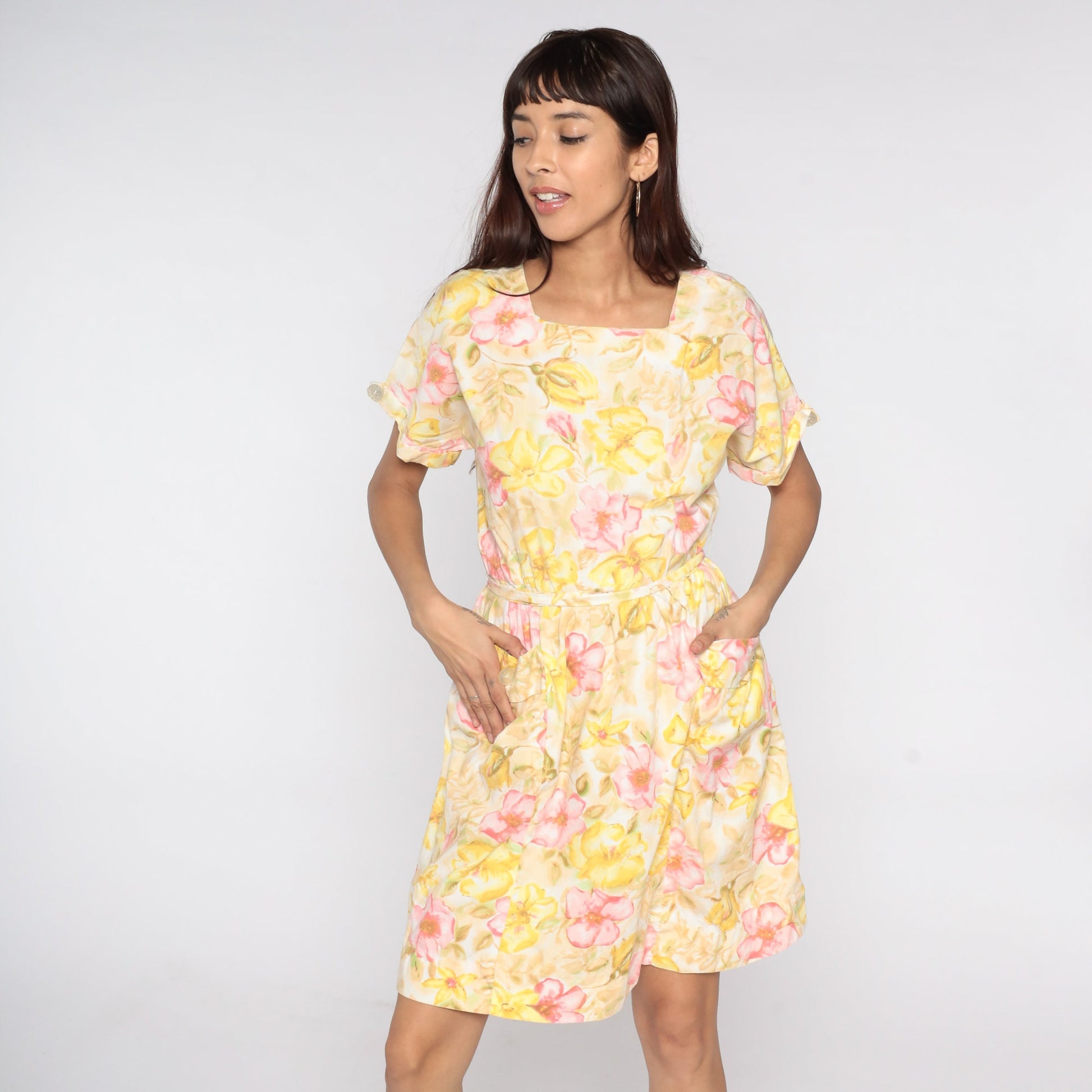 60s Floral Mini Dress Yellow Flower Print High Waist Pleated Medium
