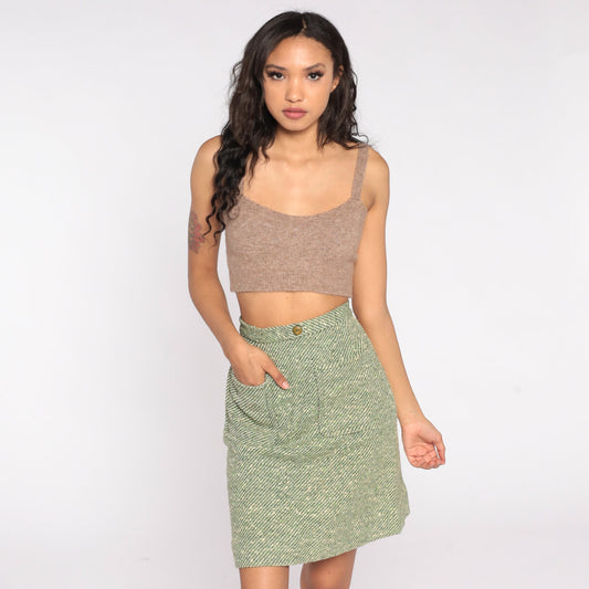 60s Green Striped Wool Mini Skirt High Waisted Extra Small