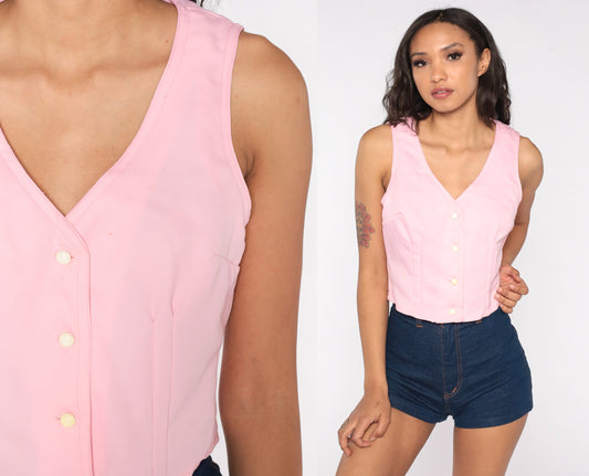 70s Baby Pink Button-Up Tank Top Sleeveless Blouse Small Medium