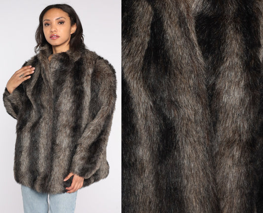 80s Brown Striped Faux Fur Coat Jacket Large L