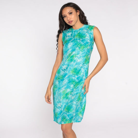 1960s Watercolor Mod Sheath Dress Sleeveless Knee-Length Blue Green Small