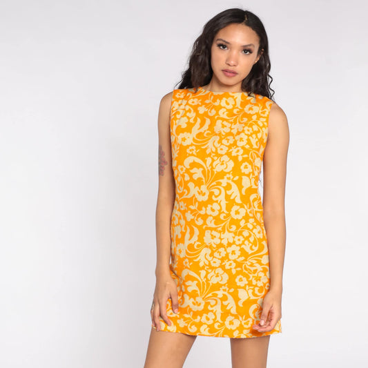 60s Orange Floral Shift Mini Dress Sleeveless Extra Small